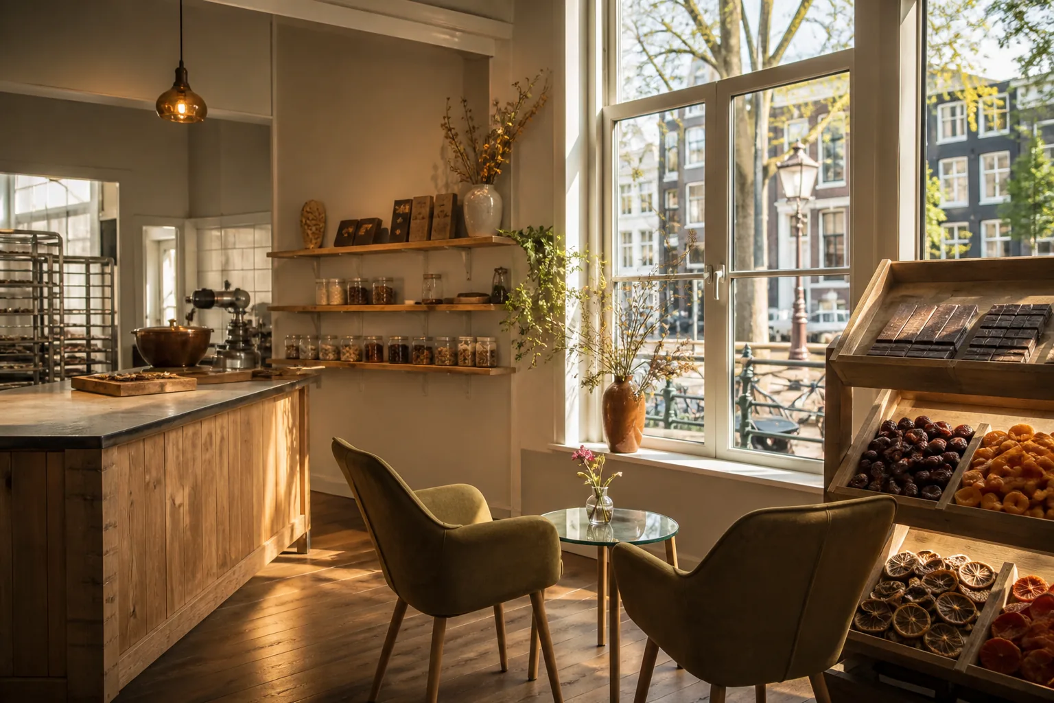 Intakemeubilair in het lichte fruitatelier van LesLever aan de Prinsestraat in Den Haag