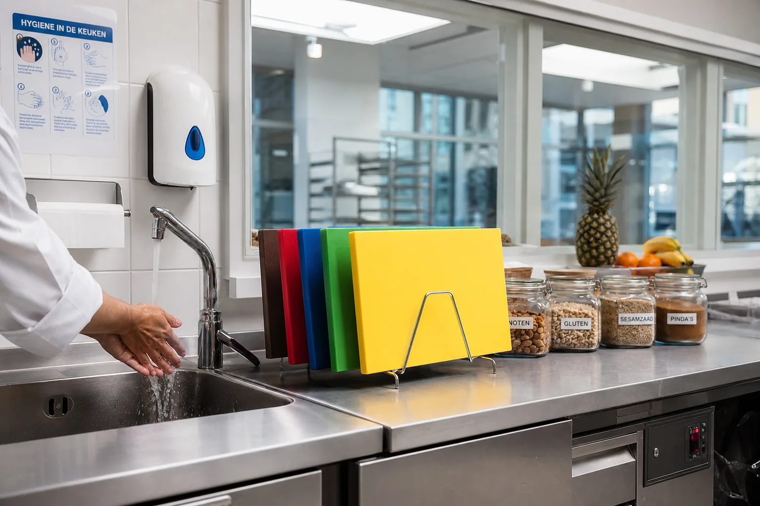 Kleurgecodeerde snijplanken en allergenenetiketten in een schone fruitworkshopkeuken in Den Haag