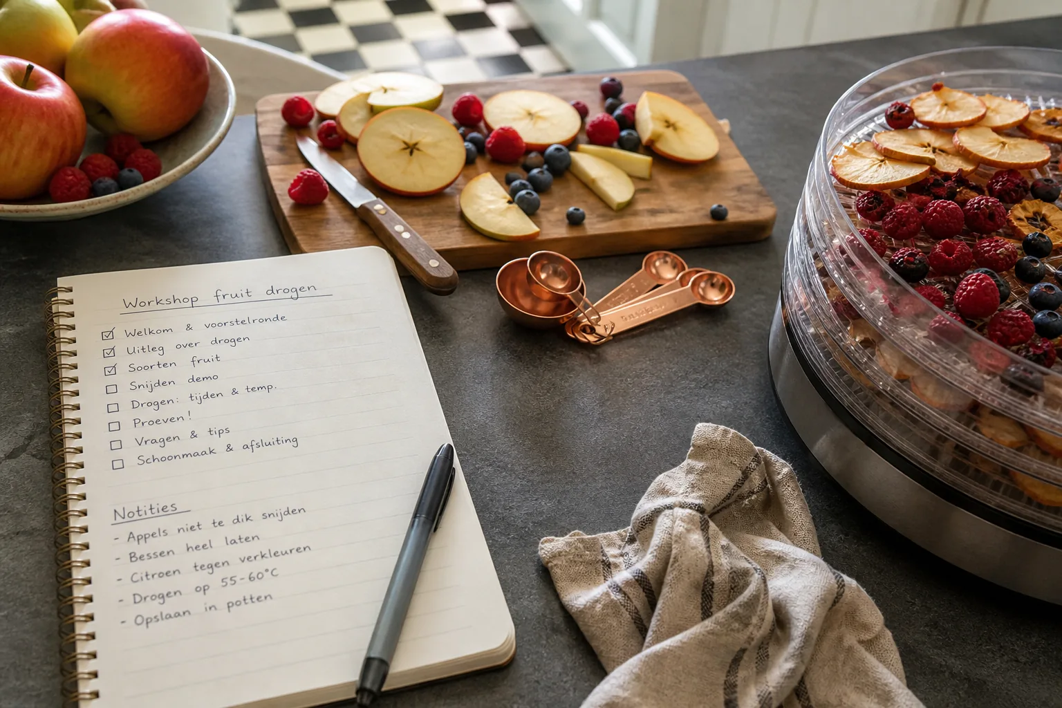 Checklist, mes en weegschaal tussen appels en bessen als voorbereiding op een fruitworkshop in Den Haag
