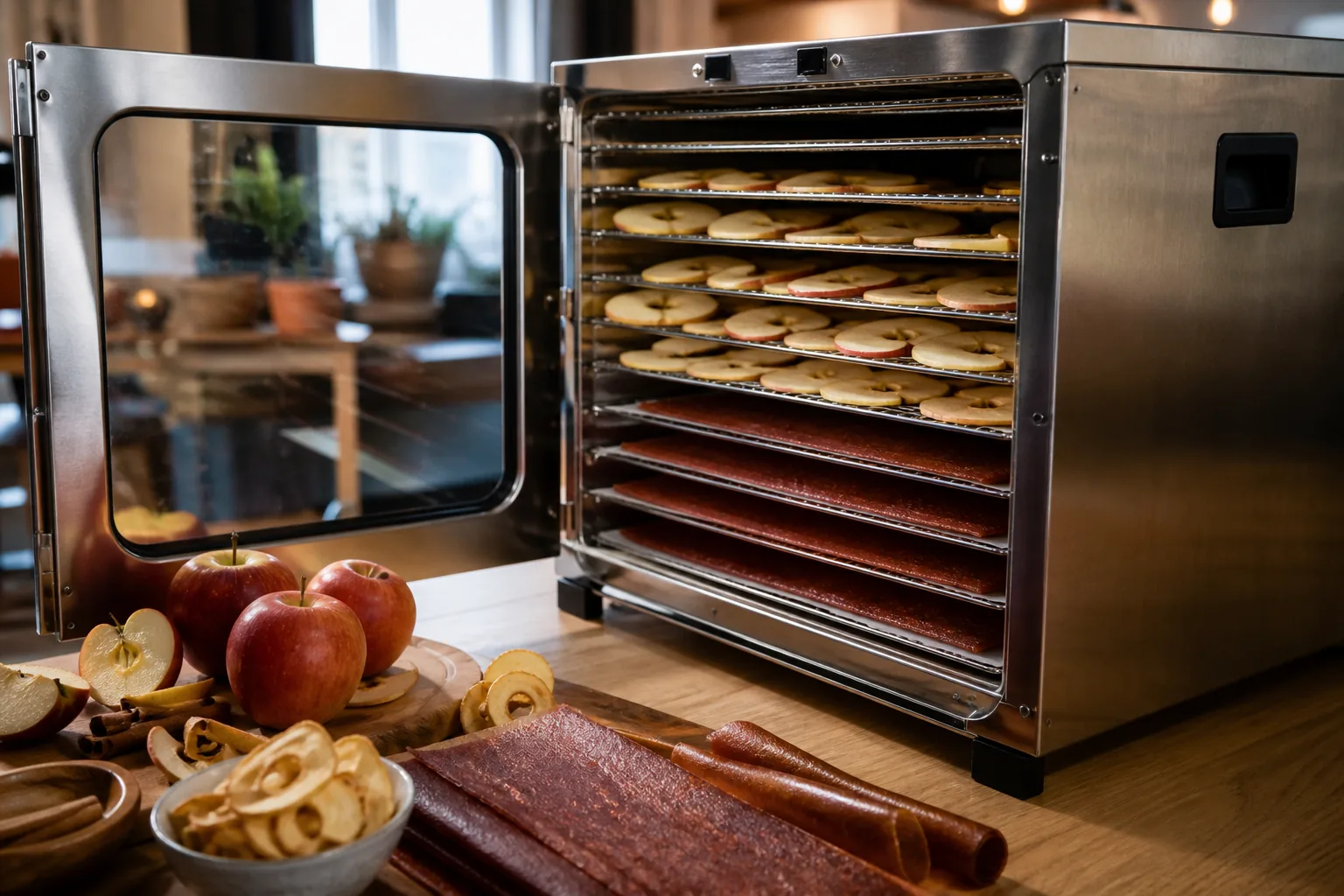 Open dehydrator met appelschijven en een vel fruitleer in de werkkeuken van LesLever in Den Haag