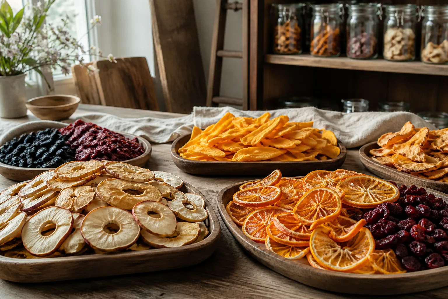 Gedroogde mango en appelschijven op houten trays als lesmateriaal in het Haagse fruitatelier