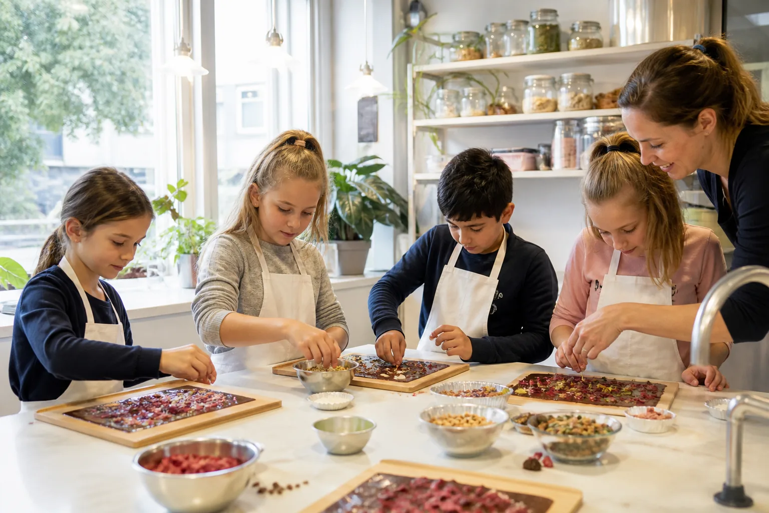 Kinderen maken een traktatiedoos met fruitleer in een begeleidde workshopkeuken in Den Haag