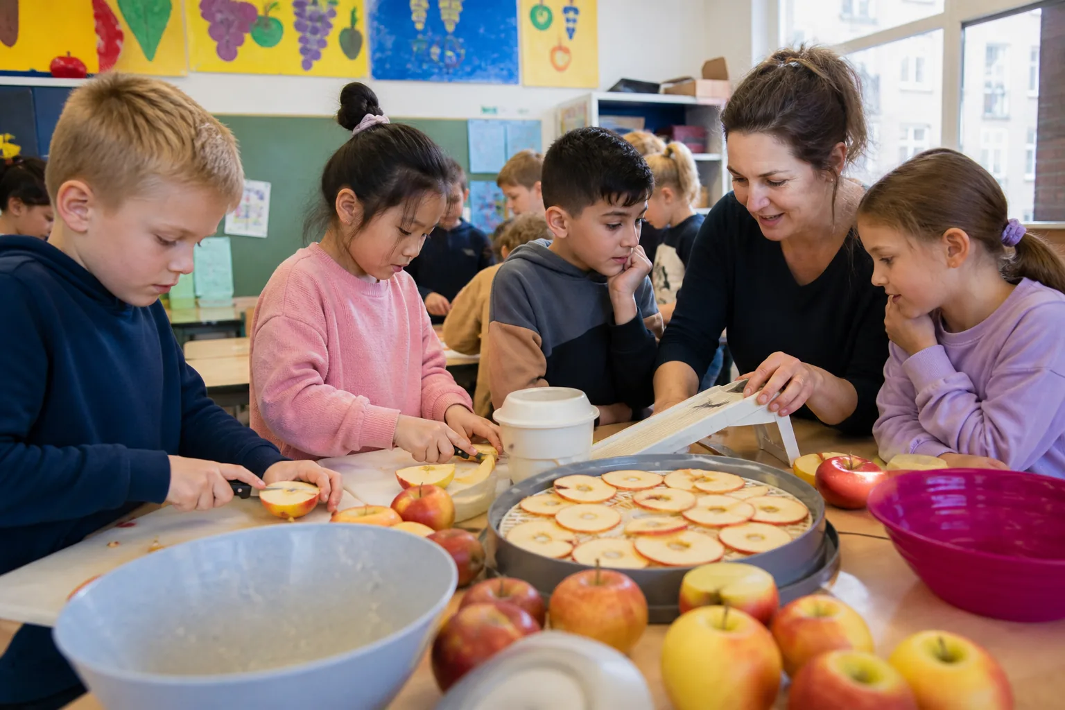Klas en begeleider bereiden appelchips en fruitpuree tijdens een BSO-fruitworkshop in Den Haag