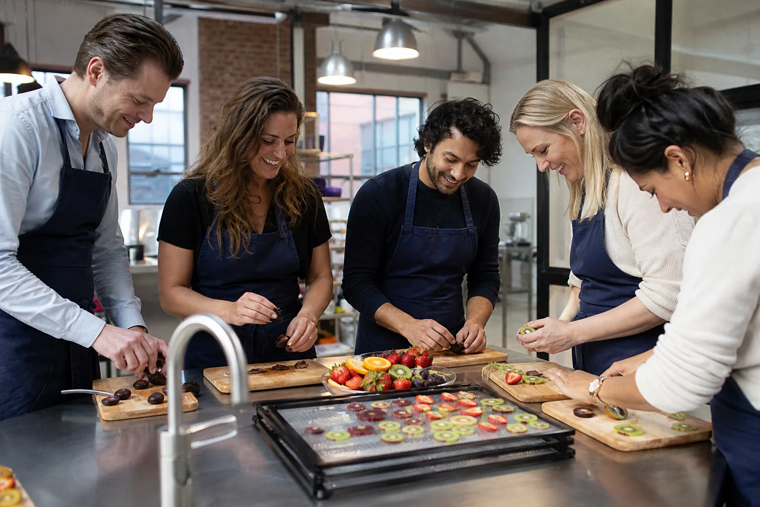 Collega's in schorten maken gedroogde fruitsnacks tijdens een bedrijfssessie in een Haagse loftkeuken